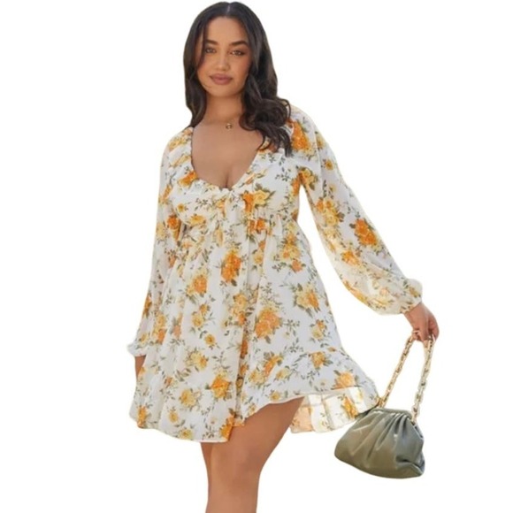 VICI‎ FLORAL LONG SLEEVE CUTOUT BACK CHIFFON BABYDOLL DRESS NWT WOMEN'S MEDIUM - Picture 1 of 16